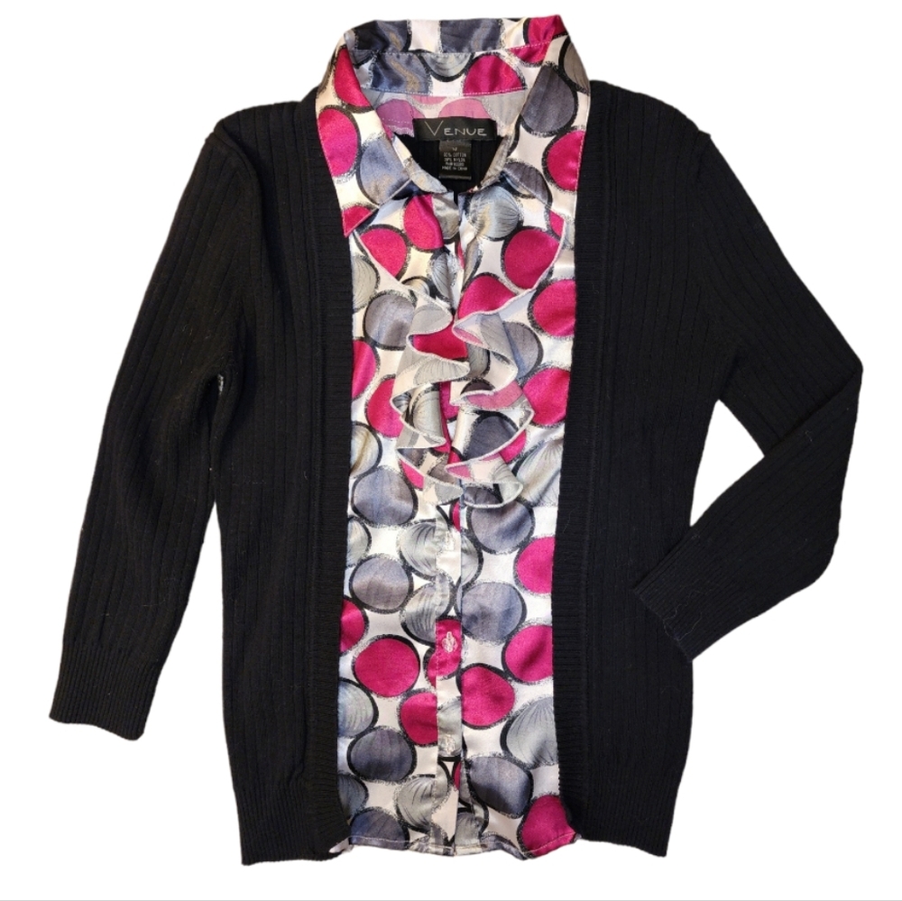Venue layered cardigan look top ruffled Med black pink gray